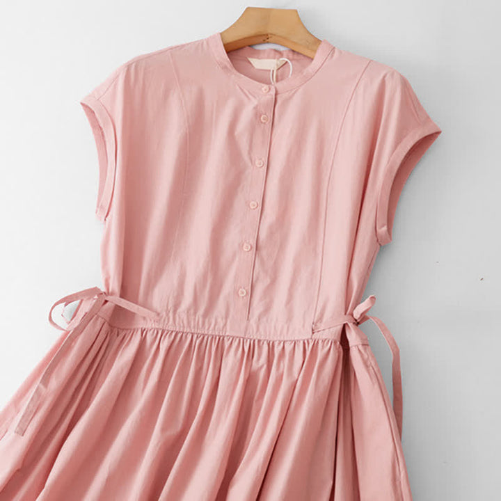 Buddha Stones Summer Casual Vintage Button-Up Solid Lace-up Women's Short Sleeve Dresses With Pocket - image 19