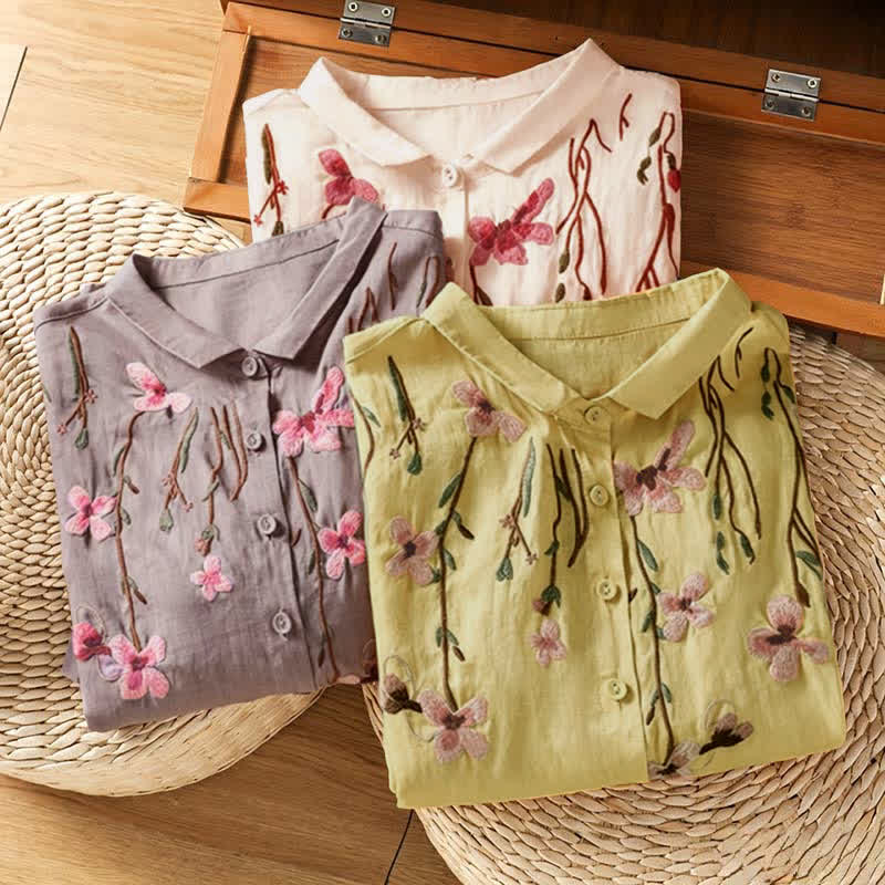 Buddha Stones Summer Vintage Embroidery Floral Women's Short Sleeve Shirts - image 27