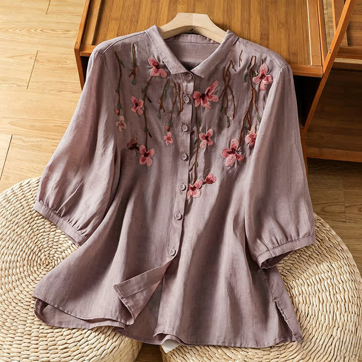 Buddha Stones Summer Vintage Embroidery Floral Women's Short Sleeve Shirts - Thistle - US8-10, UK/AU12-14, EU40-42 (2XL) - image 17