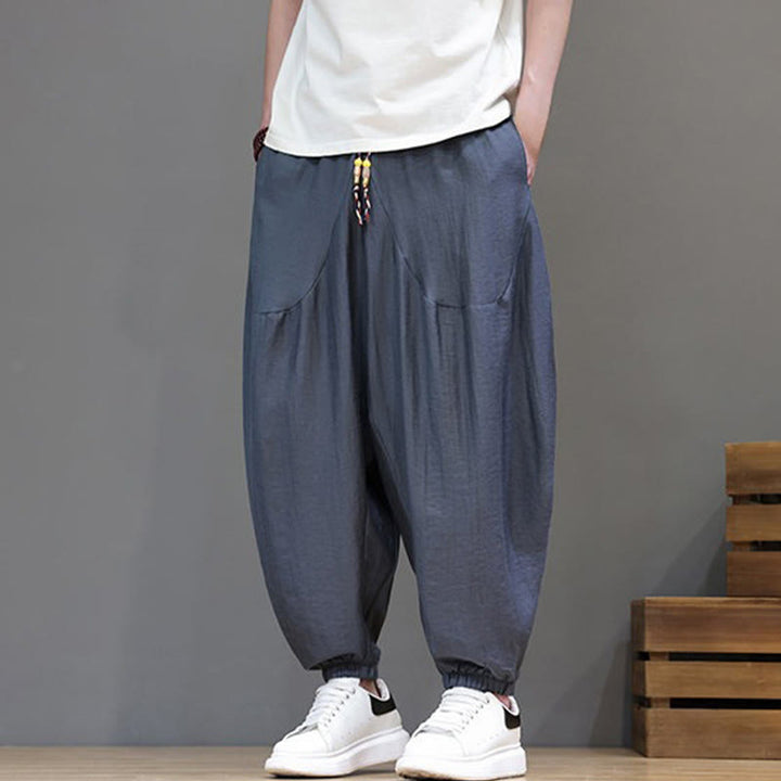 Buddha Stones Summer Casual Vintage Drawstring Solid Cotton Cropped Pants Men's Harem Pants With Pocket - image 6