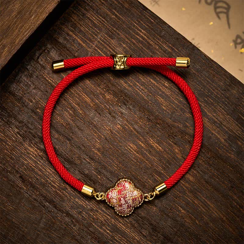 Buddha Stones Red String Song Brocade Four-leaf Clover Luck Bracelet - Song brocade(Same Color Tone – Pattern Varies) - image 0