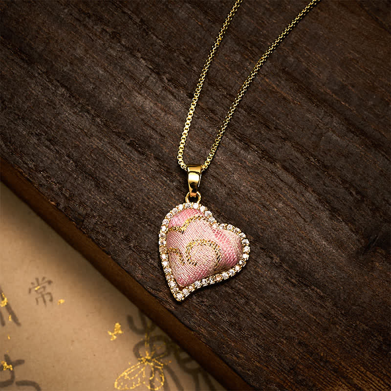 Buddha Stones Copper Rotatable Heart & Four-leaf Clover Inlaid Pink Brocade Harmonic Connection Necklace - Heart (Same Color Tone – Pattern Varies) - image 8
