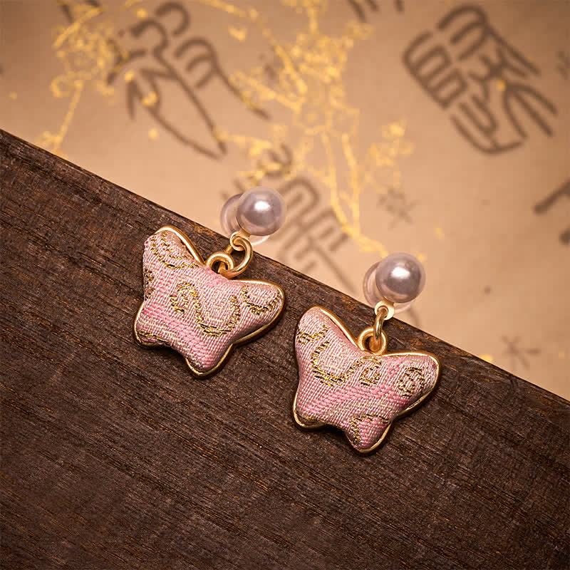 Buddha Stones Song Brocade Pearl Butterfly Vintage Love Chinese Style Earrings - Butterfly(Same Color Tone – Pattern Varies) - image 0