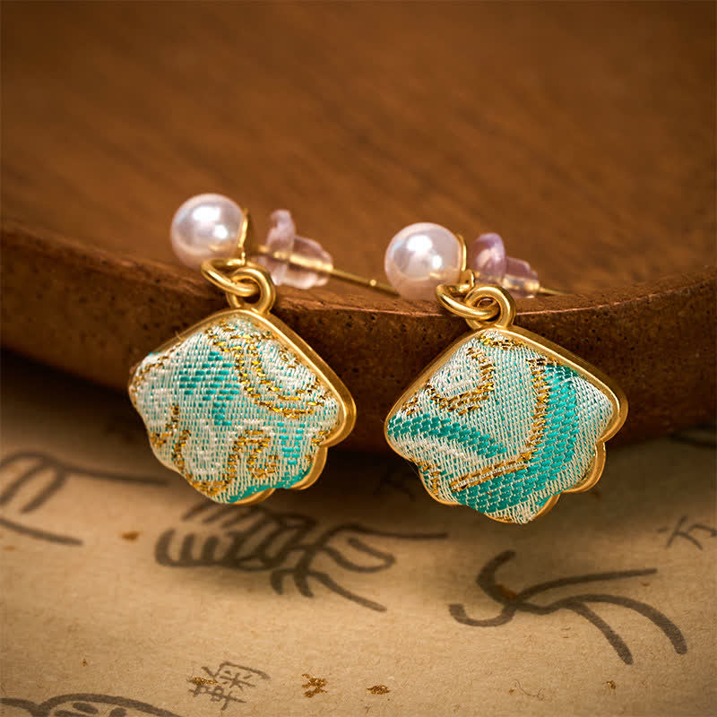 Buddha Stones Pearl Song Brocade Leaf Shaped Balance Chinese Earrings - image 1