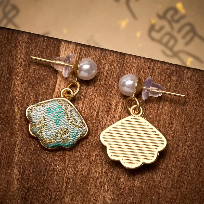 Buddha Stones Pearl Song Brocade Leaf Shaped Balance Chinese Earrings - image 4
