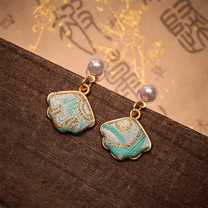 Buddha Stones Pearl Song Brocade Leaf Shaped Balance Chinese Earrings - Leaf(Same Color Tone – Pattern Varies) - image 0
