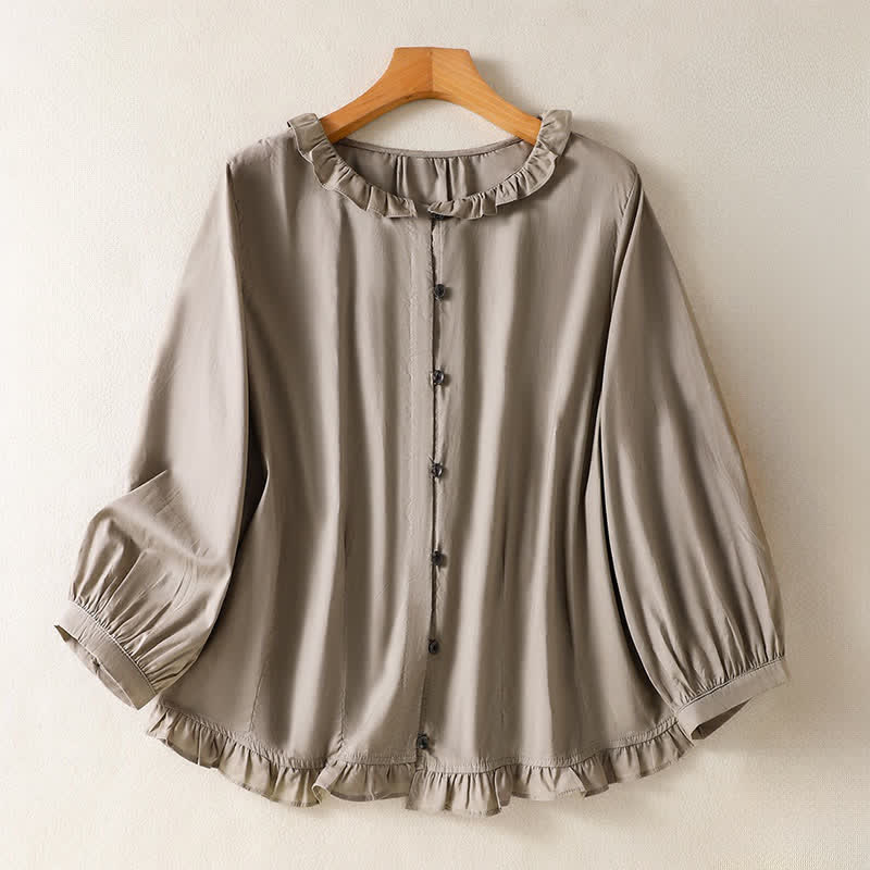 Buddha Stones Summer Casual Vintage Button-up Ruffled Crew Neck Solid Women's Long Sleeve Shirts - RosyBrown - US12, UK/AU16, EU44 (2XL) - image 8