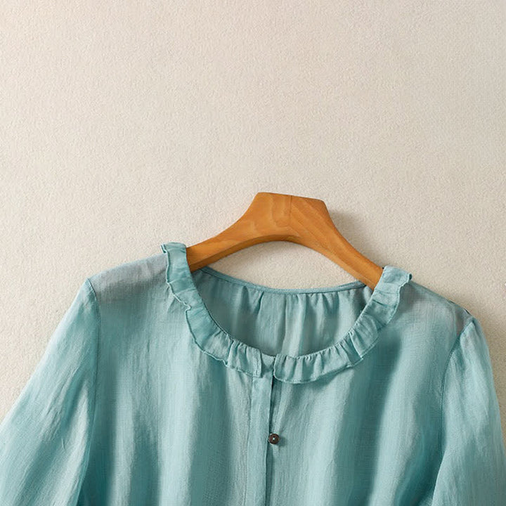 Buddha Stones Summer Casual Vintage Button-up Ruffled Crew Neck Solid Women's Long Sleeve Shirts - image 2