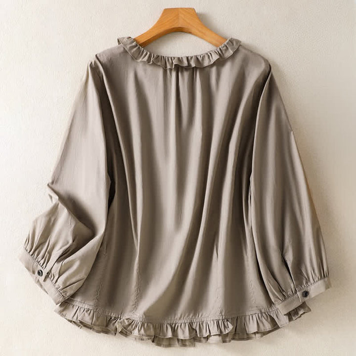 Buddha Stones Summer Casual Vintage Button-up Ruffled Crew Neck Solid Women's Long Sleeve Shirts - image 9