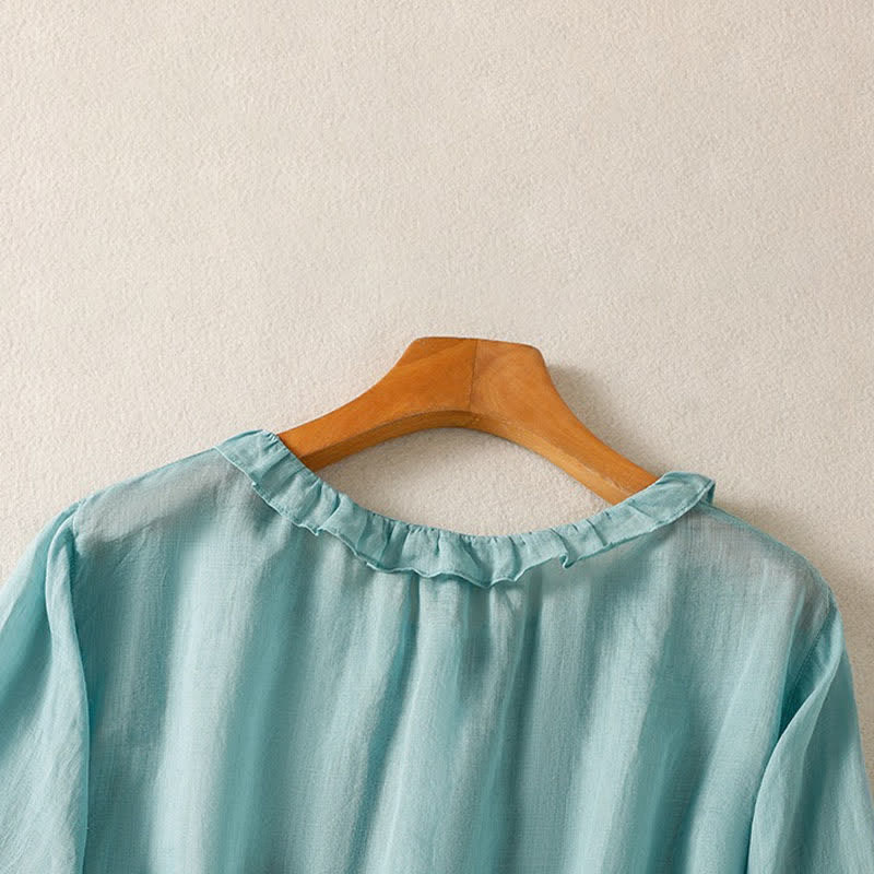Buddha Stones Summer Casual Vintage Button-up Ruffled Crew Neck Solid Women's Long Sleeve Shirts - image 3