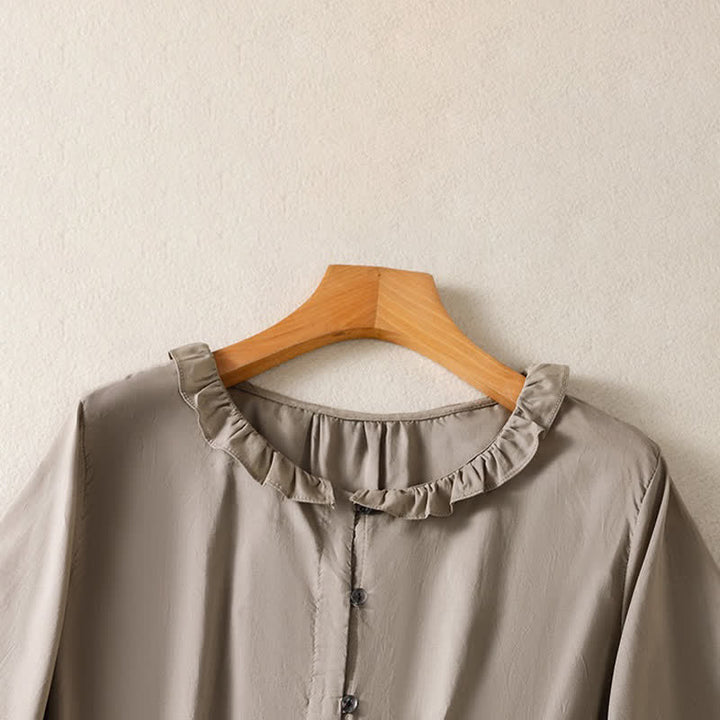 Buddha Stones Summer Casual Vintage Button-up Ruffled Crew Neck Solid Women's Long Sleeve Shirts - image 10