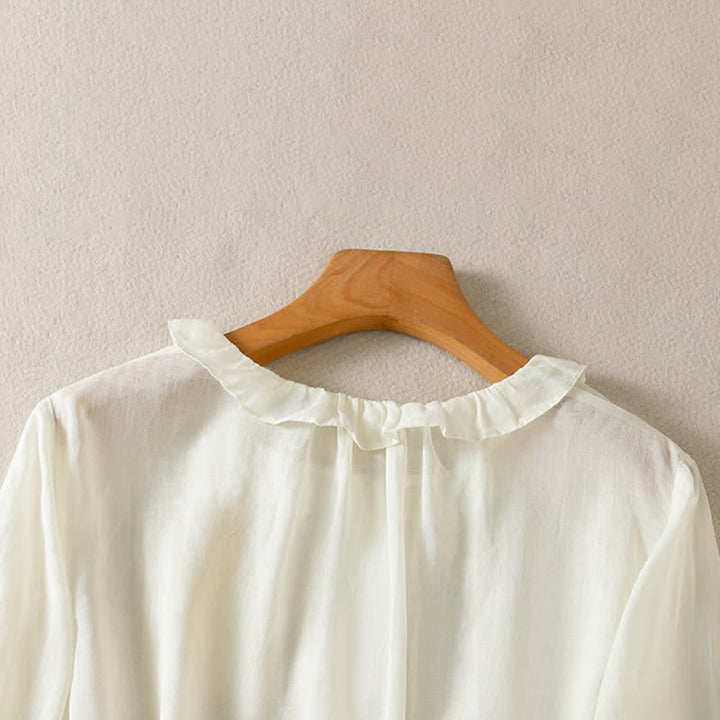 Buddha Stones Summer Casual Vintage Button-up Ruffled Crew Neck Solid Women's Long Sleeve Shirts - image 19