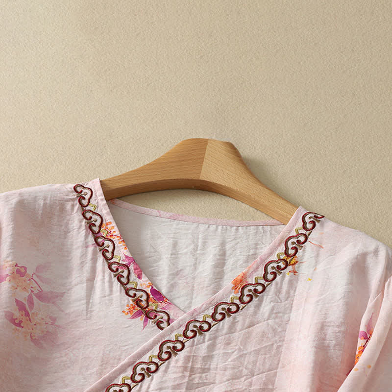 Buddha Stones Summer Vintage Tang Style Embroidery Floral V-Neck Women's Three-Quarter Sleeve T-Shirt - image 2