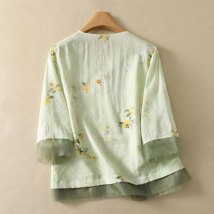 Buddha Stones Summer Vintage Tang Style Embroidery Floral V-Neck Women's Three-Quarter Sleeve T-Shirt - image 10