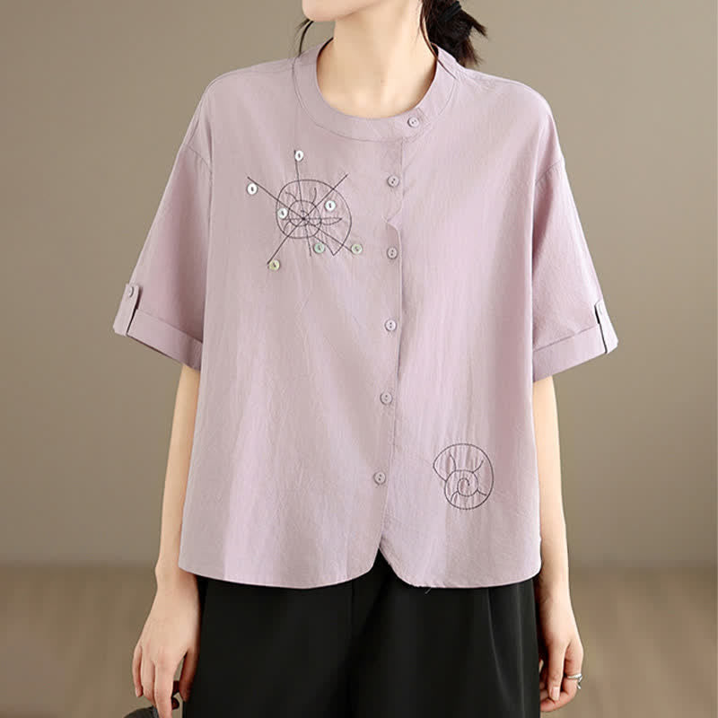 Buddha Stones Summer Casual Minimalist Embroidery Snails Button-Up Geometric Women's Short Sleeve Shirts - image 3