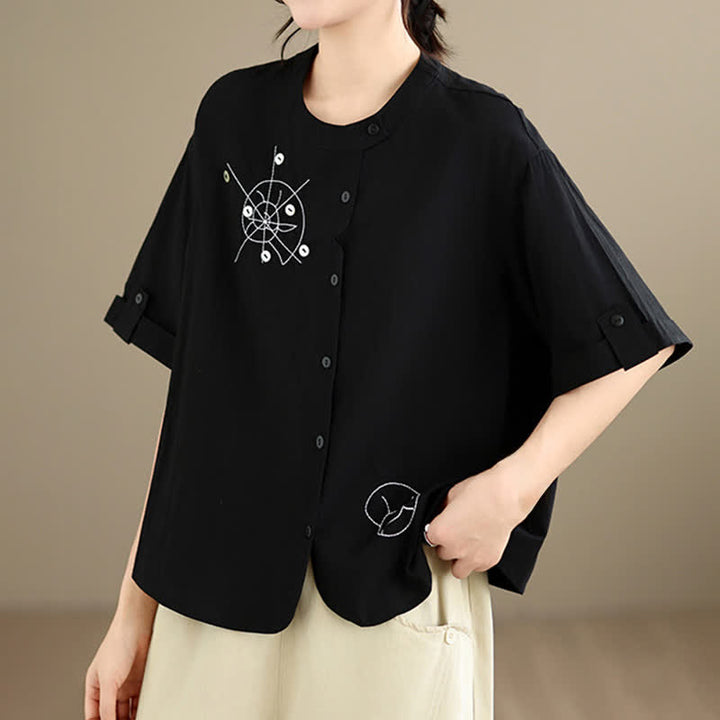 Buddha Stones Summer Casual Minimalist Embroidery Snails Button-Up Geometric Women's Short Sleeve Shirts - image 11