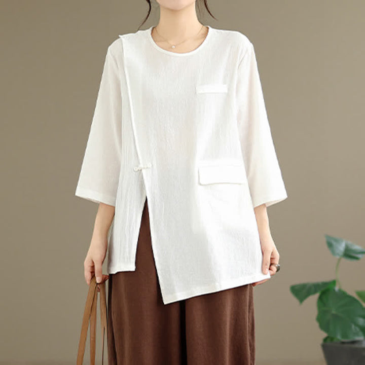 Buddha Stones Summer Tang Style Side Slit Pankou Solid Crew Neck Women's Long Sleeve T-Shirt With Pocket - image 2