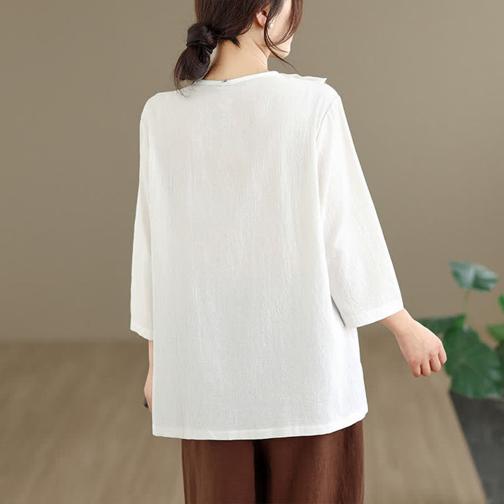 Buddha Stones Summer Tang Style Side Slit Pankou Solid Crew Neck Women's Long Sleeve T-Shirt With Pocket - image 4