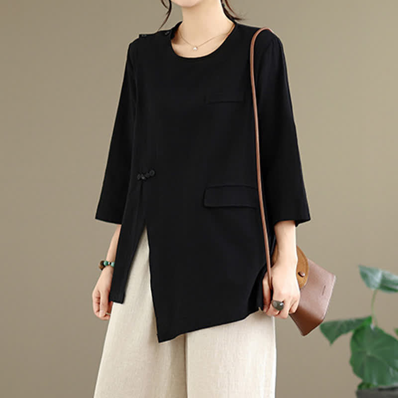 Buddha Stones Summer Tang Style Side Slit Pankou Solid Crew Neck Women's Long Sleeve T-Shirt With Pocket - image 16
