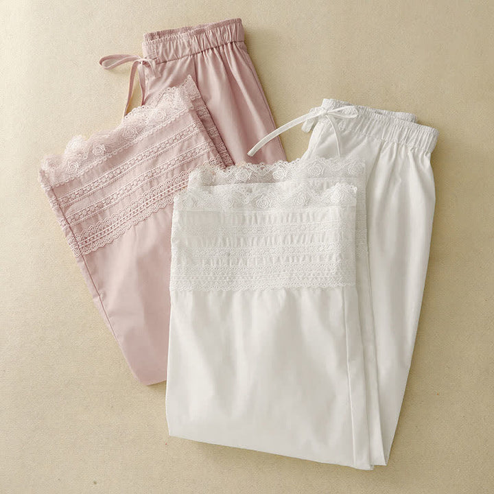 Buddha Stones Summer Elegant Casual Drawstring Solid Lace-trimmed Hem Ankle Pants Women's Wide Leg Pants - image 16