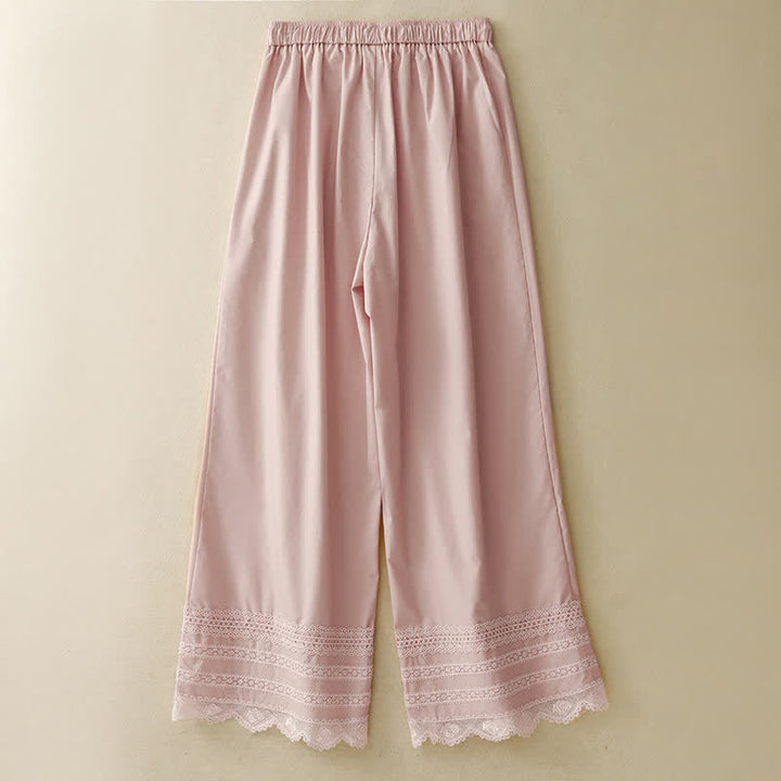 Buddha Stones Summer Elegant Casual Drawstring Solid Lace-trimmed Hem Ankle Pants Women's Wide Leg Pants - image 1
