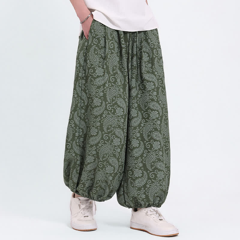 Buddha Stones Summer Boho Casual Drawstring Paisley Capri Pants Men's Harem Pants With Pocket - OliveDrab - US/UK/AU46, EU56 (5XL) - image 0