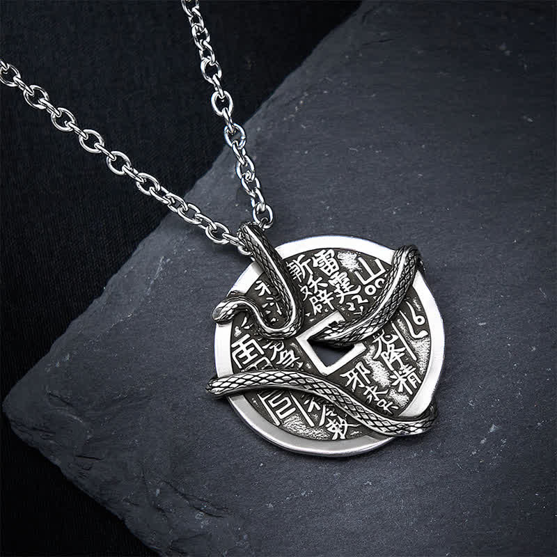 Buddha Stones Copper Plated With Silver Mountain Ghosts Spend Money Snake Coiled Around Copper Coin Necklace - image 3