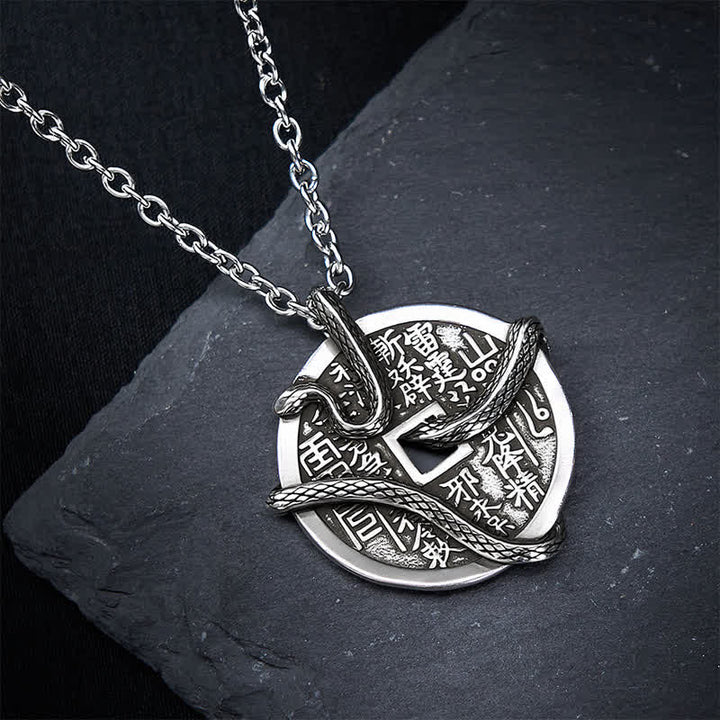 Buddha Stones Copper Plated With Silver Mountain Ghosts Spend Money Snake Coiled Around Copper Coin Necklace - image 3