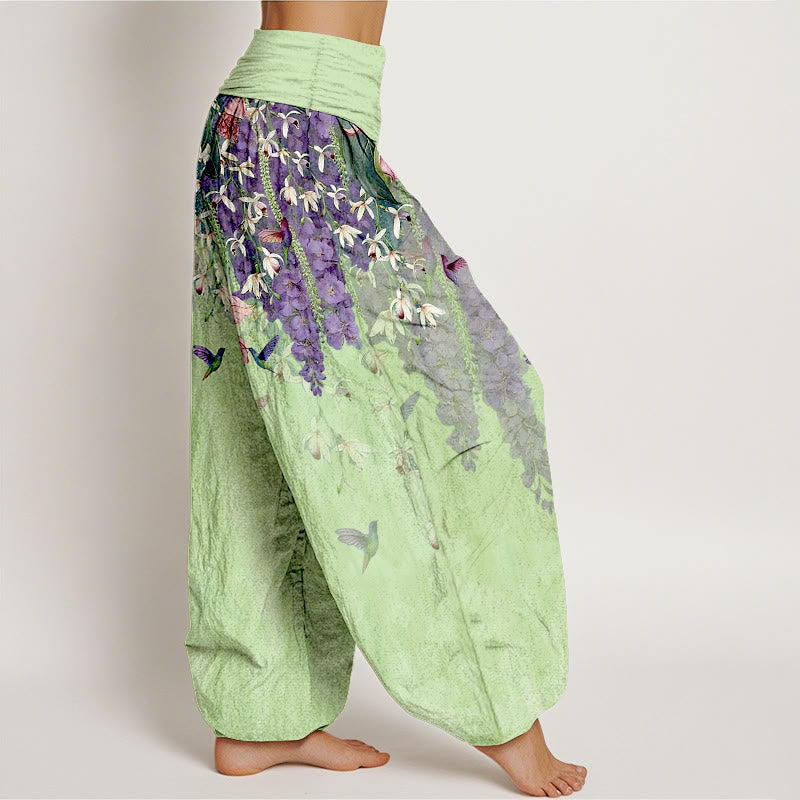 Buddha Stones Pure Cotton Orchid Birds Pattern Women's Elastic Waist Harem Pants - image 10