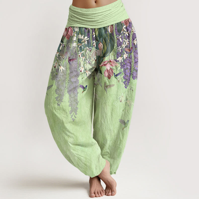 Buddha Stones Pure Cotton Orchid Birds Pattern Women's Elastic Waist Harem Pants - Honeydew - US16，UK/AU20，EU48 (3XL) - image 8