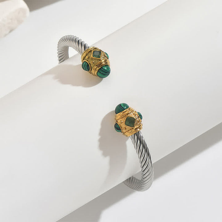 Buddha Stones Stainless Steel Spiral Energy Two Tone Cuff Bracelet - Yellow (Green Gem Accent) - image 0