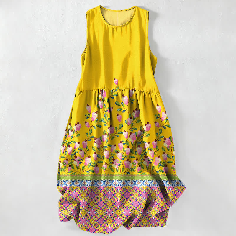 Buddha Stones Summer Casual Floral Border Pattern Women's Summer Sleeveless Midi Dress With Pockets - Yellow - US16，UK/AU20，EU48 (3XL) - image 0