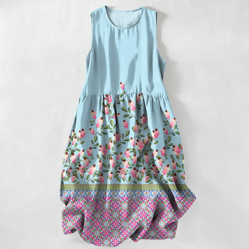 Buddha Stones Summer Casual Floral Border Pattern Women's Summer Sleeveless Midi Dress With Pockets - LightBlue - US16，UK/AU20，EU48 (3XL) - image 5