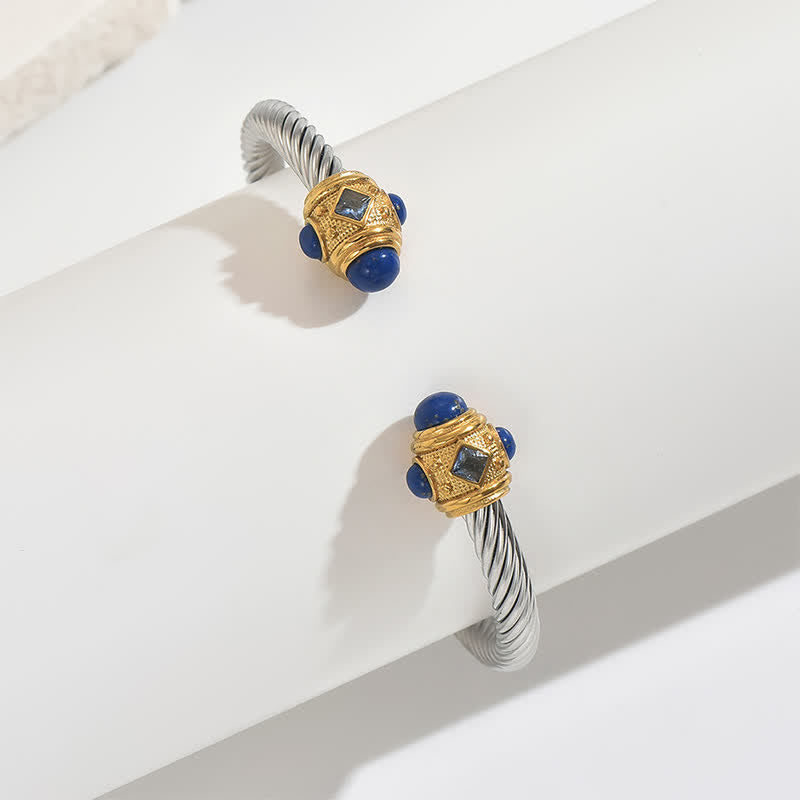 Buddha Stones Stainless Steel Spiral Energy Two Tone Cuff Bracelet - Yellow (Blue Gem Accent) - image 7
