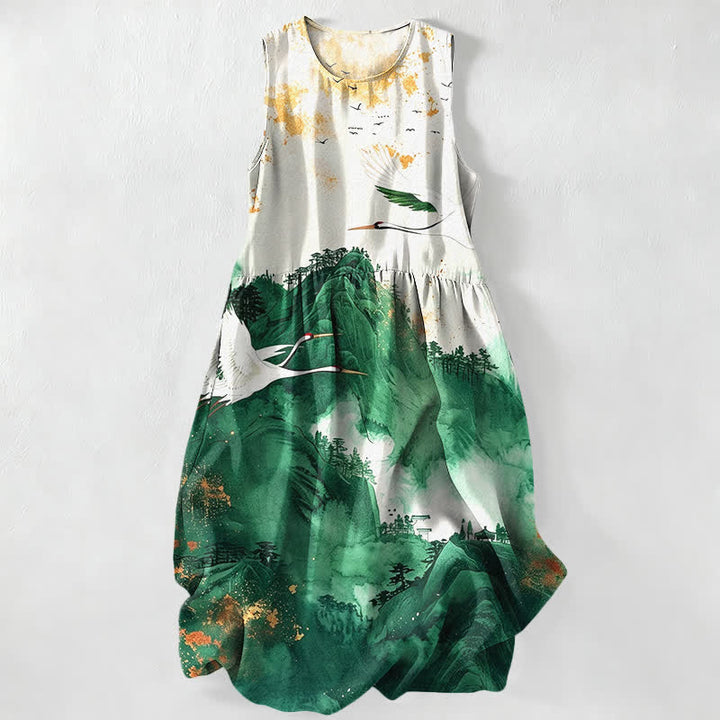 Buddha Stones Summer Casual Ink Landscape Cranes Pattern Women's Summer Sleeveless Midi Dress With Pockets - ForestGreen - US16，UK/AU20，EU48 (3XL) - image 0