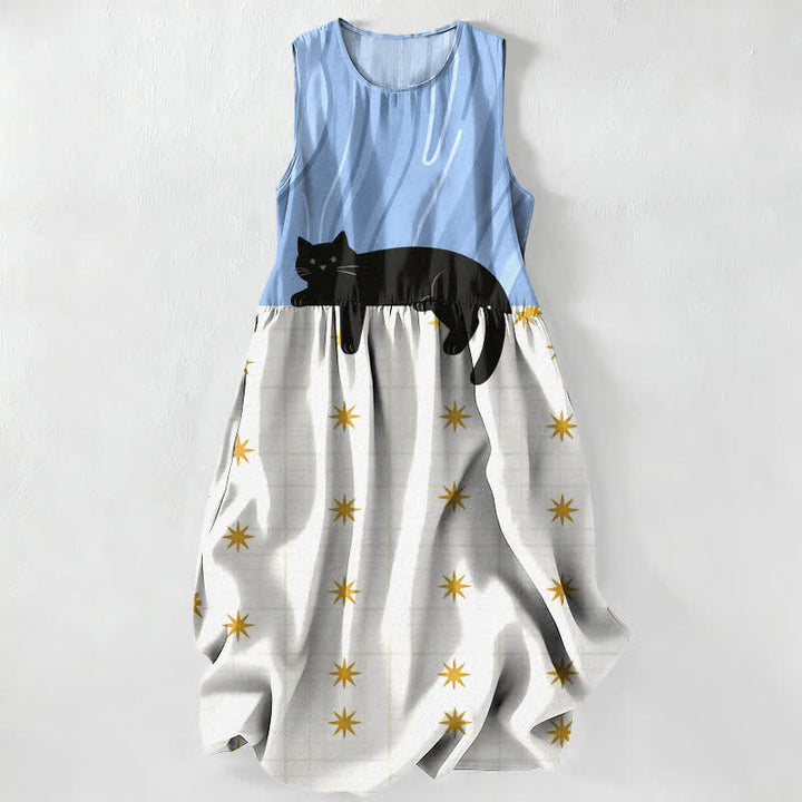 Buddha Stones Summer Casual Black Cat Stars Pattern Women's Summer Sleeveless Midi Dress With Pockets - LightSkyBlue - US16，UK/AU20，EU48 (3XL) - image 4