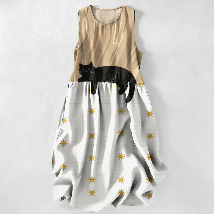 Buddha Stones Summer Casual Black Cat Stars Pattern Women's Summer Sleeveless Midi Dress With Pockets - Tan - US16，UK/AU20，EU48 (3XL) - image 8