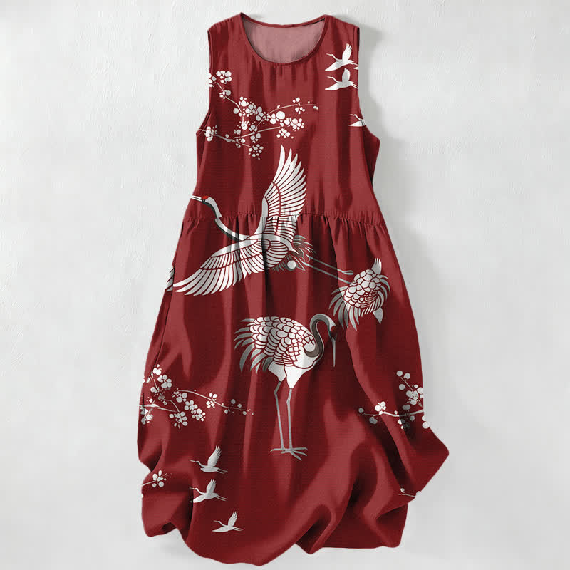 Buddha Stones Summer Casual Crane Blossom Pattern Women's Summer Sleeveless Midi Dress With Pockets - Maroon - US16，UK/AU20，EU48 (3XL) - image 0