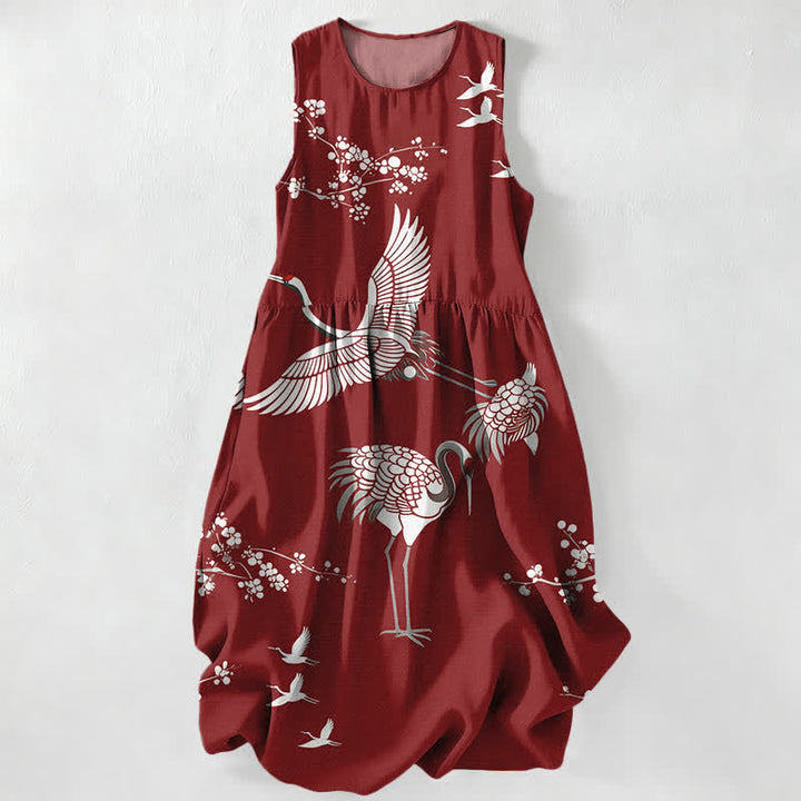 Buddha Stones Summer Casual Crane Blossom Pattern Women's Summer Sleeveless Midi Dress With Pockets - Maroon - US16，UK/AU20，EU48 (3XL) - image 0