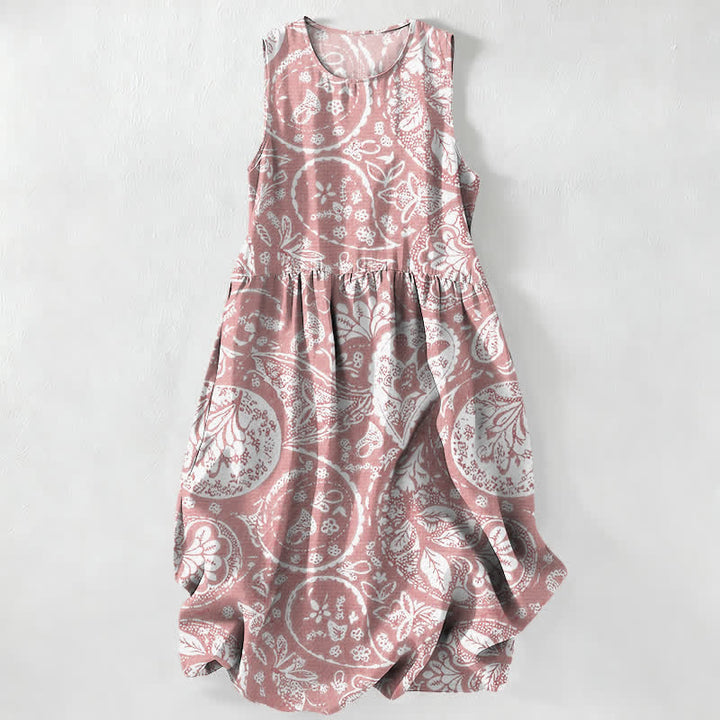 Buddha Stones Summer Casual White Medallion Floral Pattern Women's Summer Sleeveless Midi Dress With Pockets - LightPink - US16，UK/AU20，EU48 (3XL) - image 8