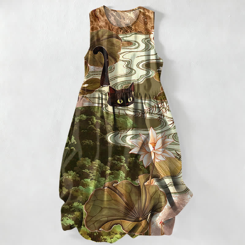 Buddha Stones Summer Casual Lotus Black Cat Pattern Women's Summer Sleeveless Midi Dress With Pockets - DarkKhaki - US16，UK/AU20，EU48 (3XL) - image 4
