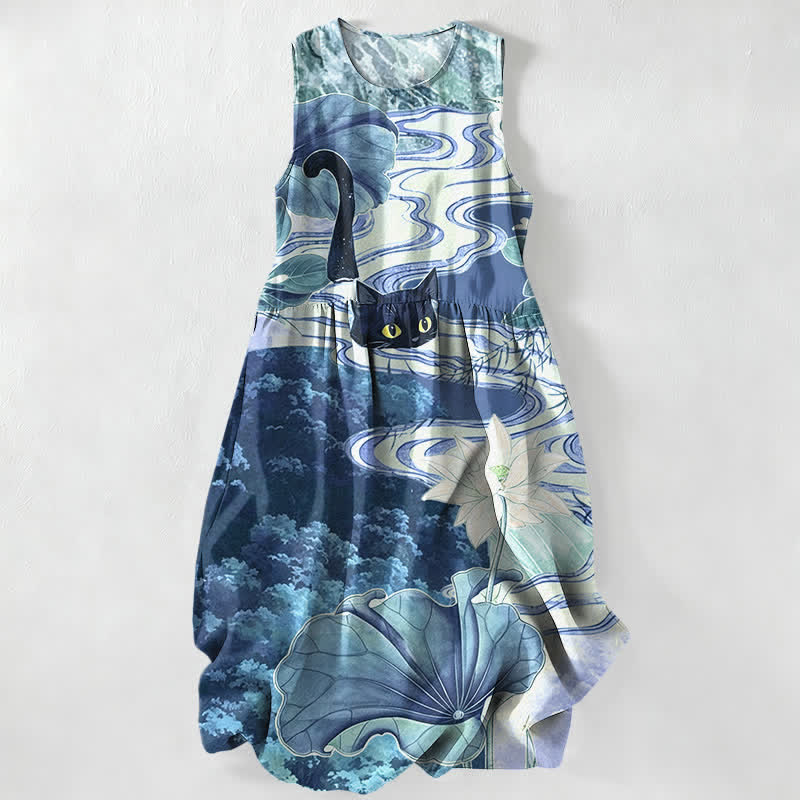 Buddha Stones Summer Casual Lotus Black Cat Pattern Women's Summer Sleeveless Midi Dress With Pockets - LightSkyBlue - US16，UK/AU20，EU48 (3XL) - image 8