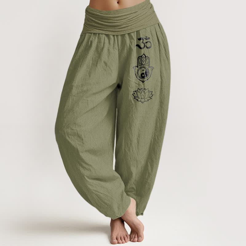 Buddha Stones Pure Cotton Om Hamsa Yin Yang Lotus Pattern Women's Elastic Waist Harem Pants - OliveDrab - US16，UK/AU20，EU48 (3XL) - image 14