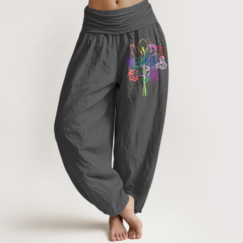 Buddha Stones Pure Cotton Floral Bouquet Pattern Women's Elastic Waist Harem Pants - DimGray - US16，UK/AU20，EU48 (3XL) - image 8