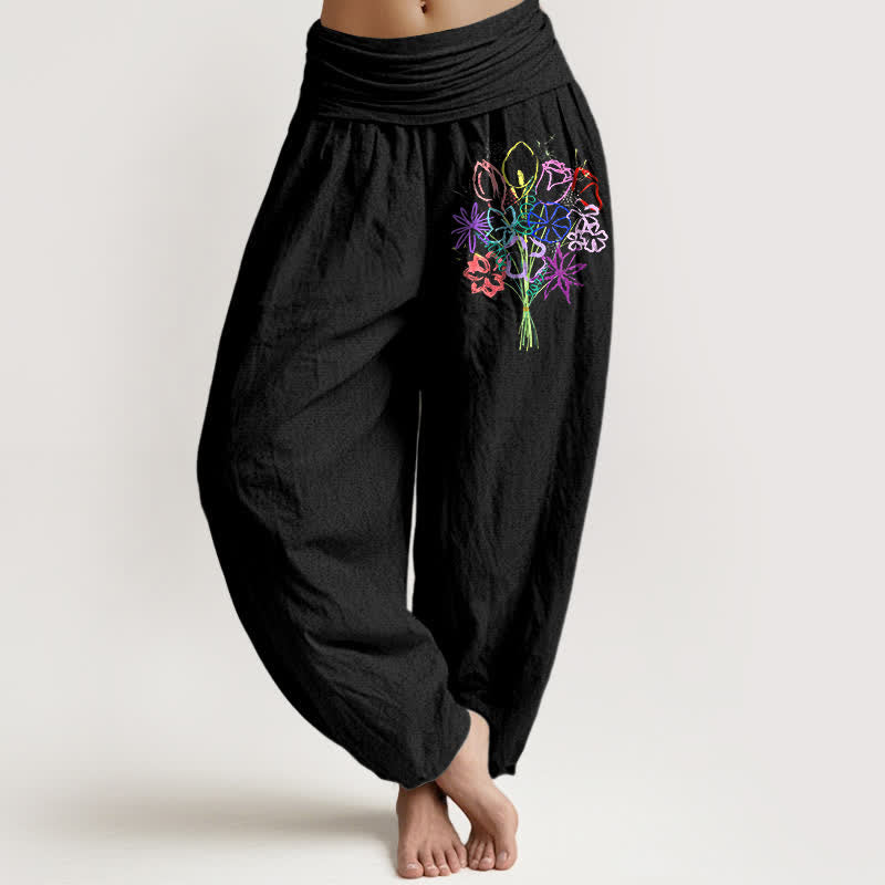 Buddha Stones Pure Cotton Floral Bouquet Pattern Women's Elastic Waist Harem Pants - Black - US16，UK/AU20，EU48 (3XL) - image 0