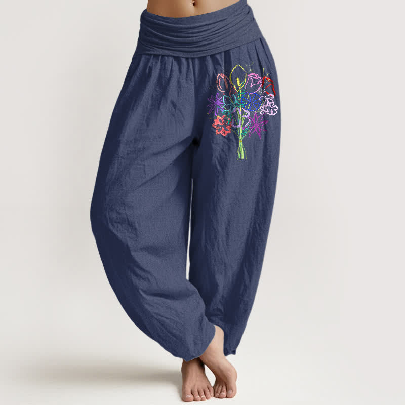 Buddha Stones Pure Cotton Floral Bouquet Pattern Women's Elastic Waist Harem Pants - DarkSlateBlue - US16，UK/AU20，EU48 (3XL) - image 5