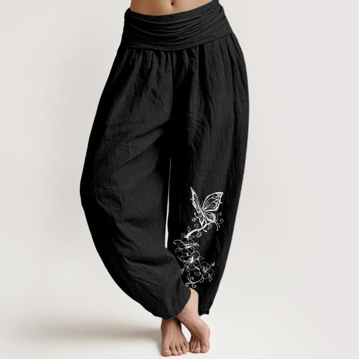 Buddha Stones Pure Cotton Butterfly Floral Pattern Women's Elastic Waist Harem Pants - Black - US16，UK/AU20，EU48 (3XL) - image 5