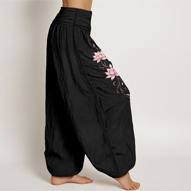 Buddha Stones Pure Cotton Lotus Blossom Pattern Women's Elastic Waist Harem Pants - image 2