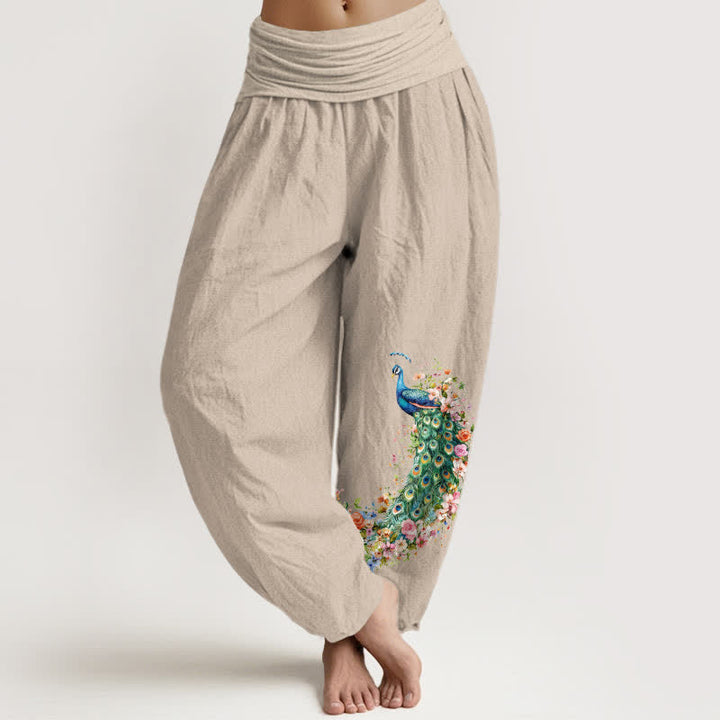 Buddha Stones Pure Cotton Peacock Floral Pattern Women's Elastic Waist Harem Pants - Tan - US16，UK/AU20，EU48 (3XL) - image 14