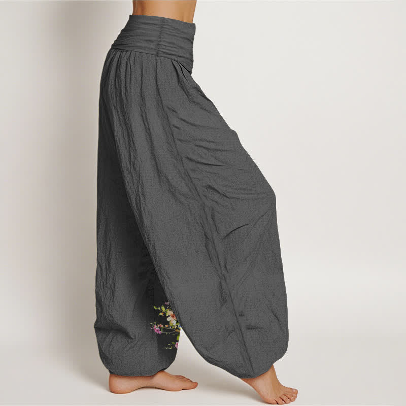 Buddha Stones Pure Cotton Peacock Floral Pattern Women's Elastic Waist Harem Pants - image 10